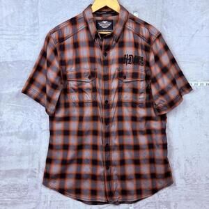 Harley-Davidson Red Black Plaid Men Shirt L Short Sleeve HD Motorcycles Western